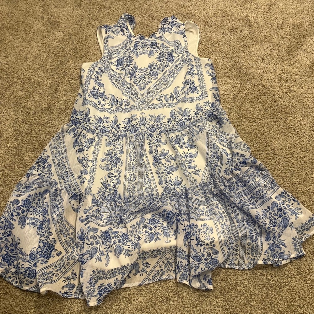 Calvin Klein Blue White Paisley Bandana Tiered Tie Neck Mini Dress 6 Hamptons